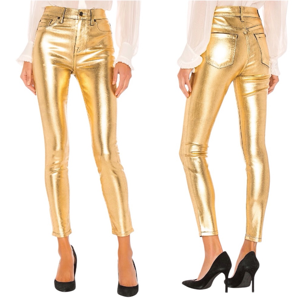 7 For All Mankind High-Rise Metallic Ankle Jeans Liquid Gold Size 30 Vegas Glam